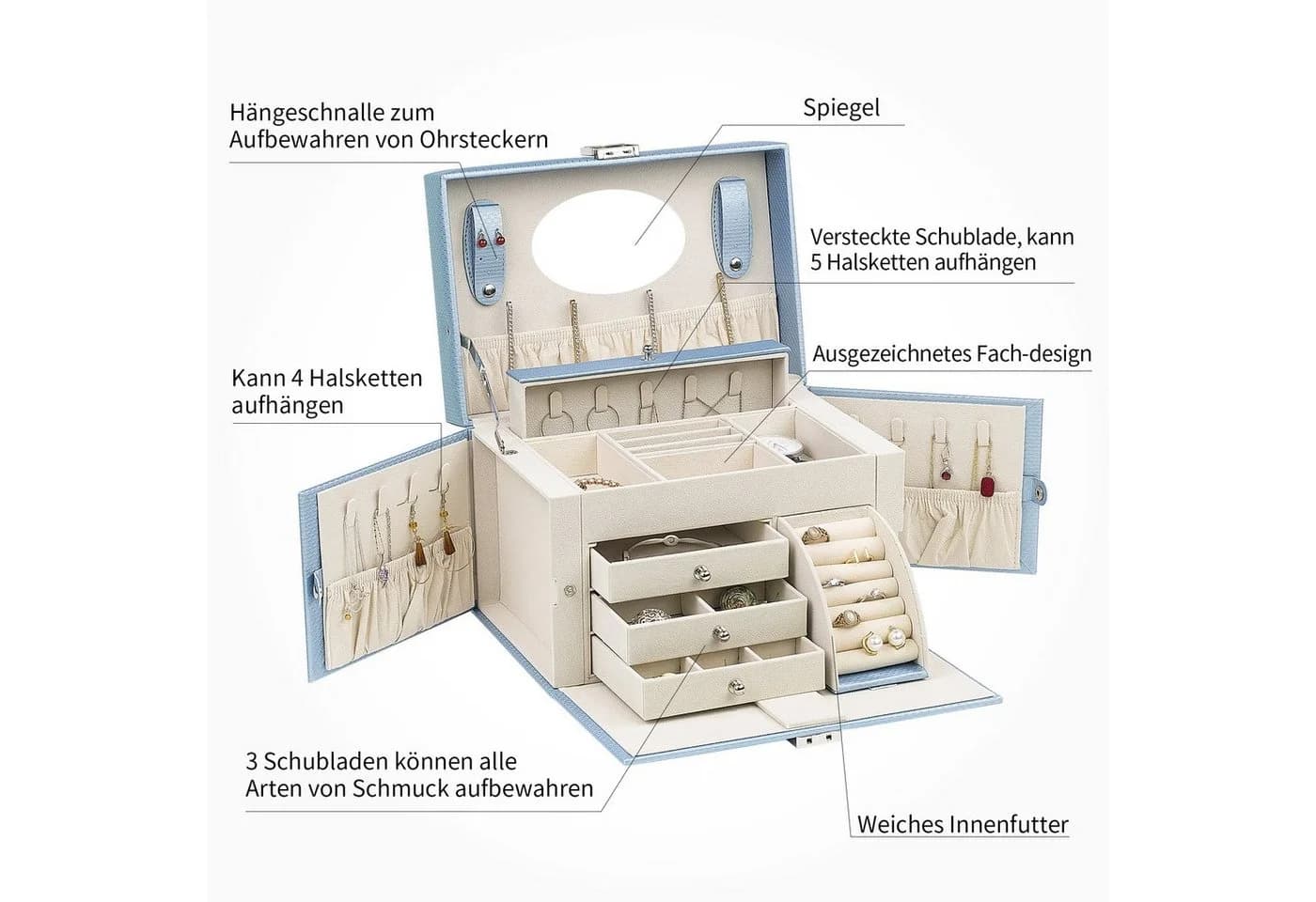 AdelDream Schmuckkasten mit Spiegel, Griff, abschließbar, 4 Ebenen, Blau/Beige - Bild 4