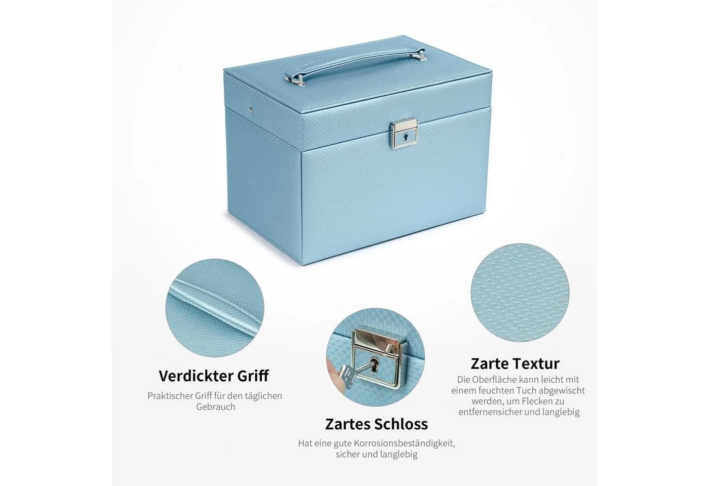 AdelDream Schmuckkasten mit Spiegel, Griff, abschließbar, 4 Ebenen, Blau/Beige - Bild 5