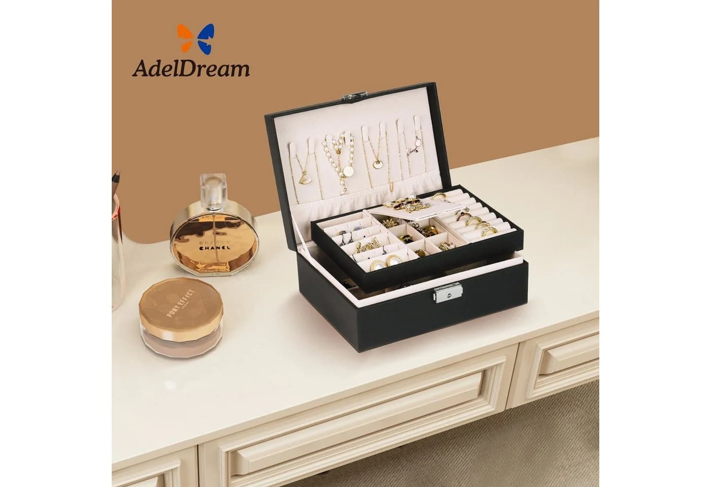 AdelDream Schmuckkasten Schwarz mit Schloss und zwei Ebenen