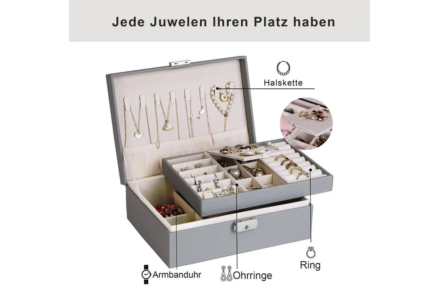 AdelDream Schmuckkasten Grau Damen Mädchen Schmuckkästchen mit Schloss - Bild 5
