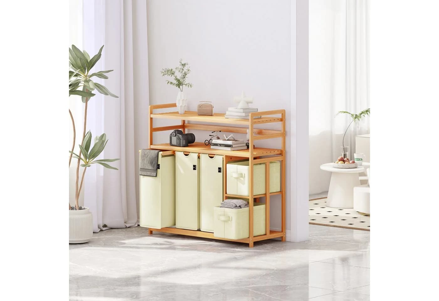 AdelDream Wäschekorb 5 Fächer Beige Bambus