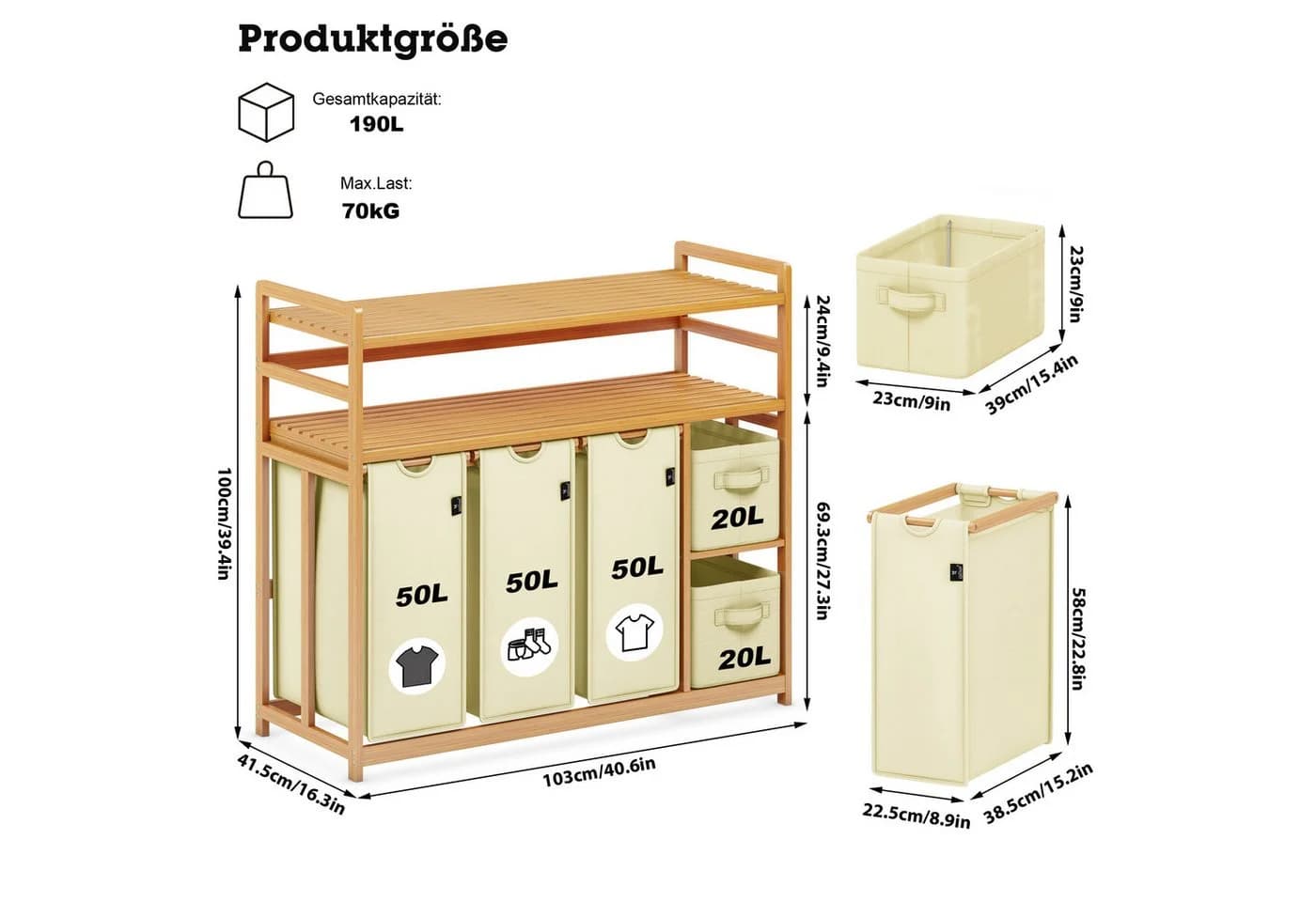 AdelDream Wäschekorb 5 Fächer Beige Bambus - Bild 3