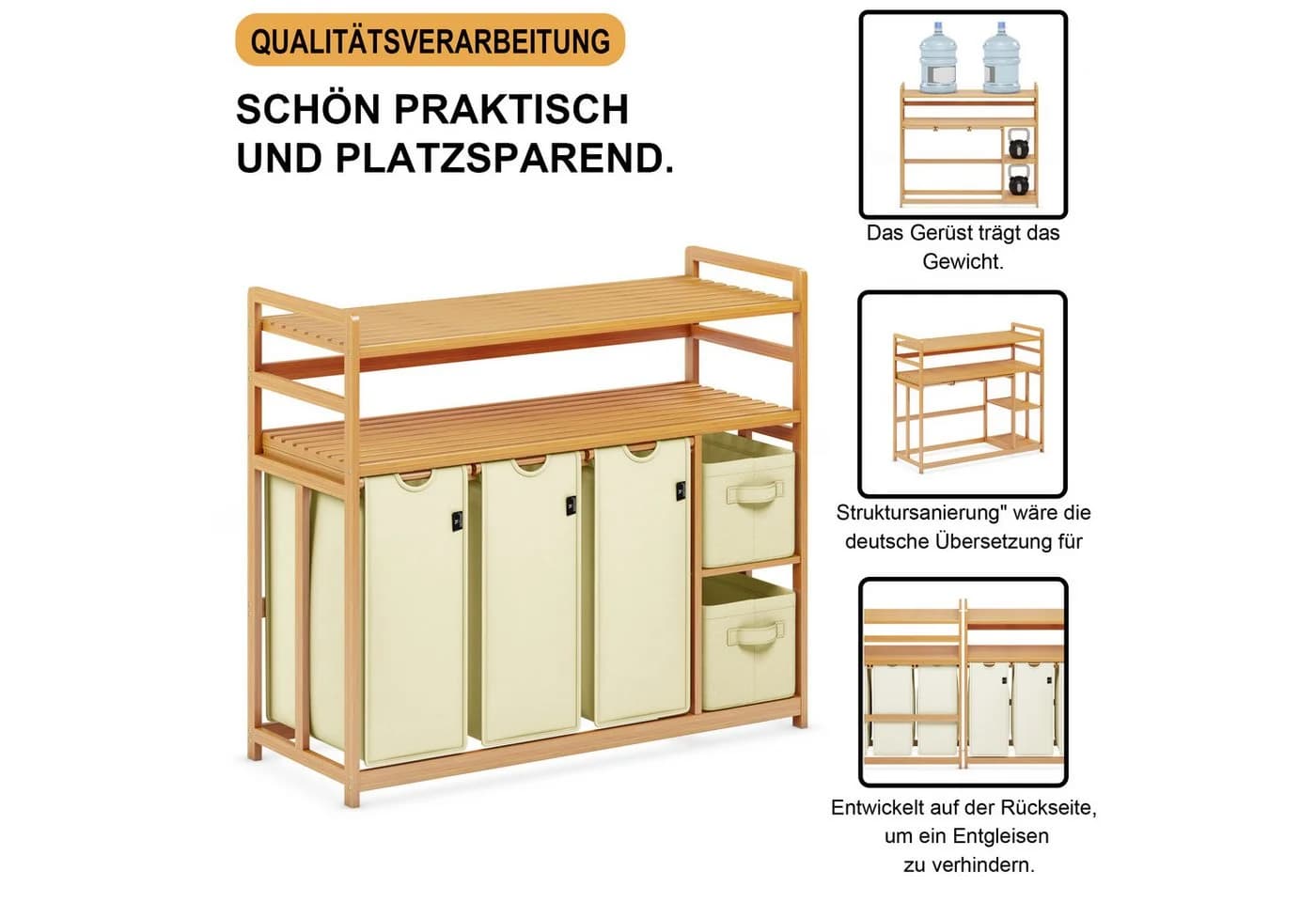 AdelDream Wäschekorb 5 Fächer Beige Bambus - Bild 4
