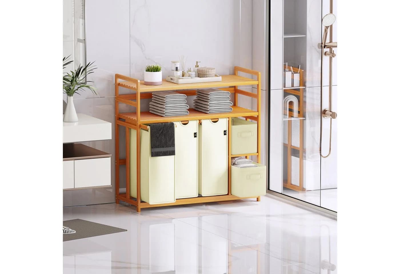 AdelDream Wäschekorb 5 Fächer Beige Bambus - Bild 5