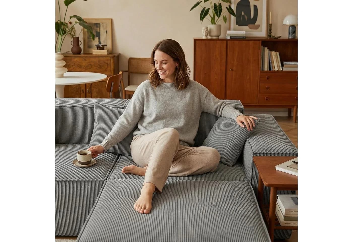 Happy Home Ecksofa Cord mit Schlaffunktion Grau 3-Sitzer - Bild 3