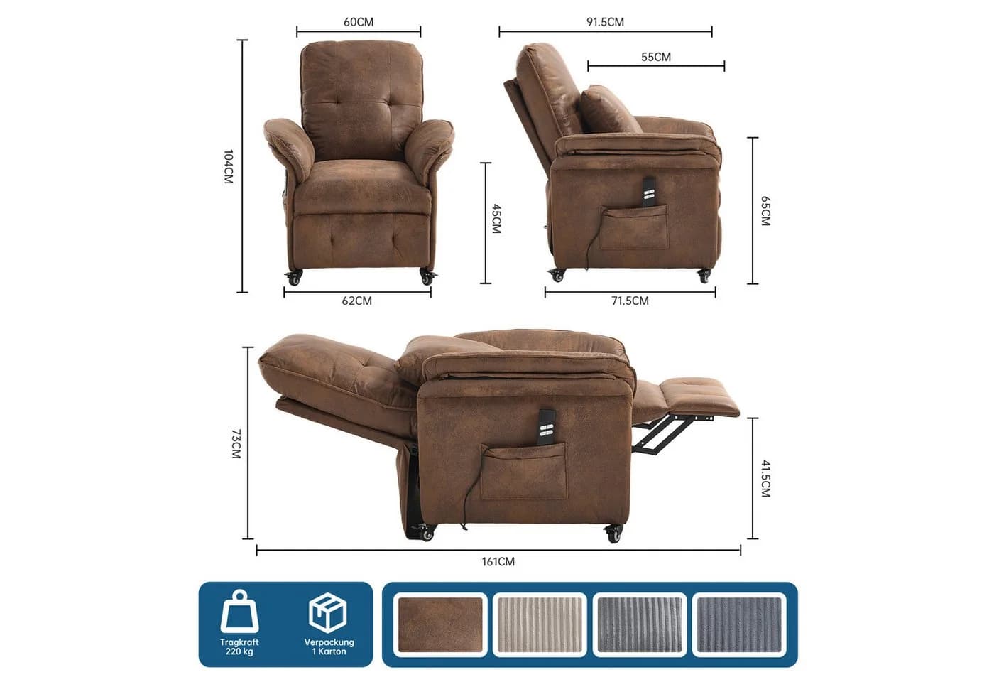 Happy Home Elektrischer Relaxsessel 2 Motoren Braun Cord - Bild 3