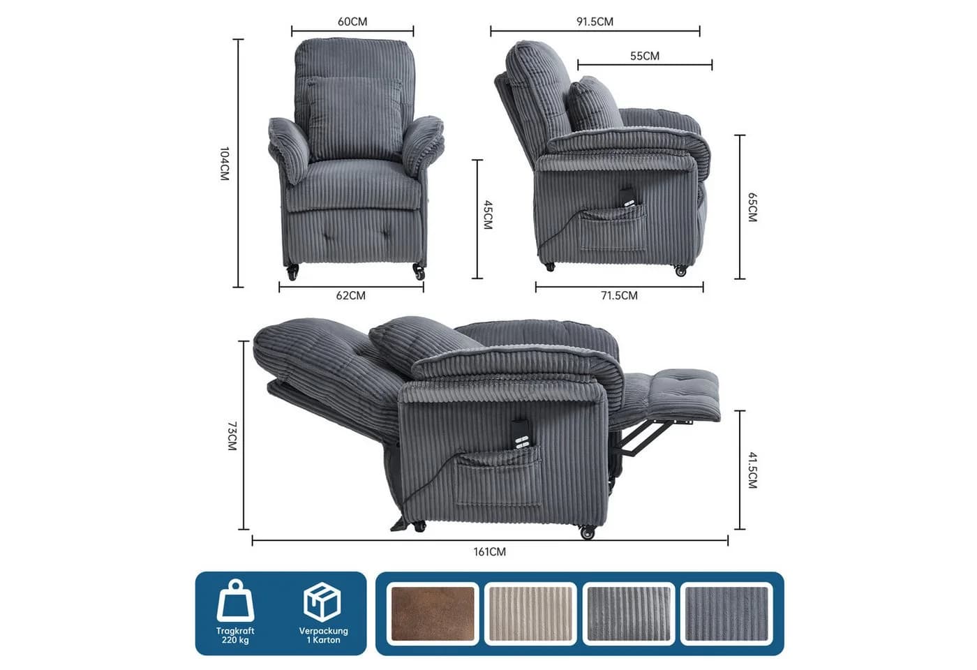 Happy Home Elektrischer Relaxsessel mit Liegefunktion Grau Cord - Bild 3