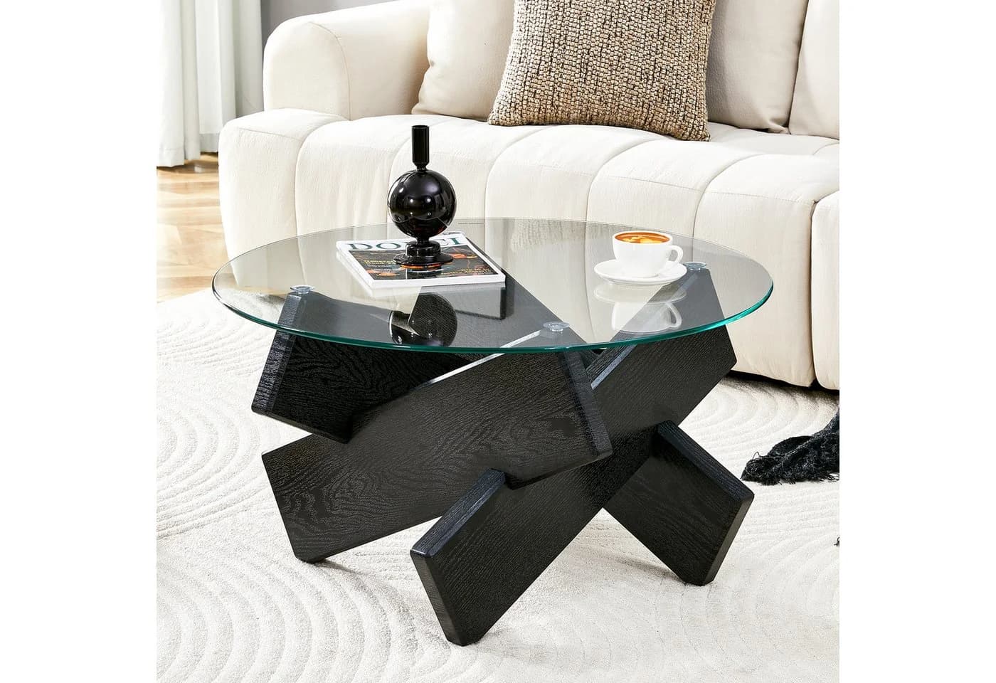 gopop Couchtisch rund aus MDF & Glas, Ø 79 cm, Schwarz/Grau - Bild 4