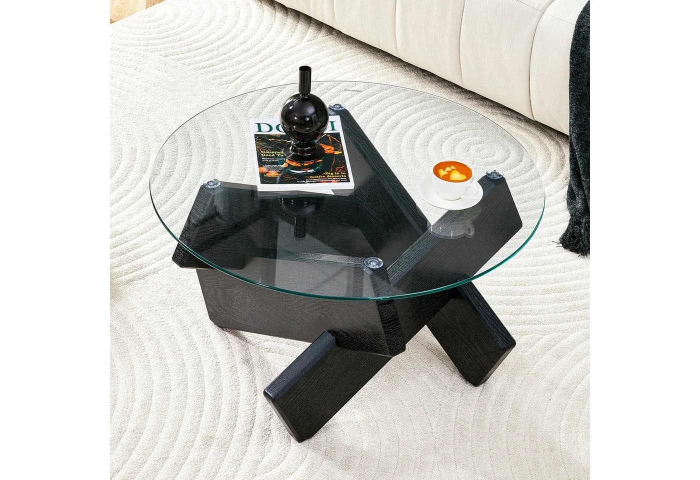 gopop Couchtisch rund aus MDF & Glas, Ø 79 cm, Schwarz/Grau - Bild 5
