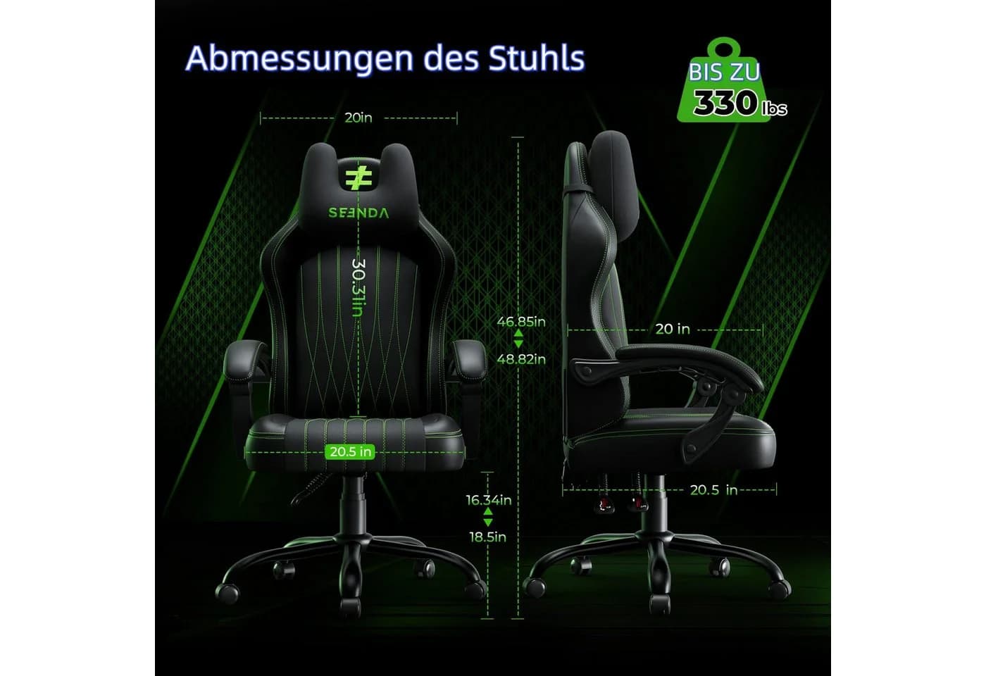 Seenda Gaming-Stuhl GCP-18 Schwarz Ergonomisch mit verstellbarer Rückenlehne - Bild 3