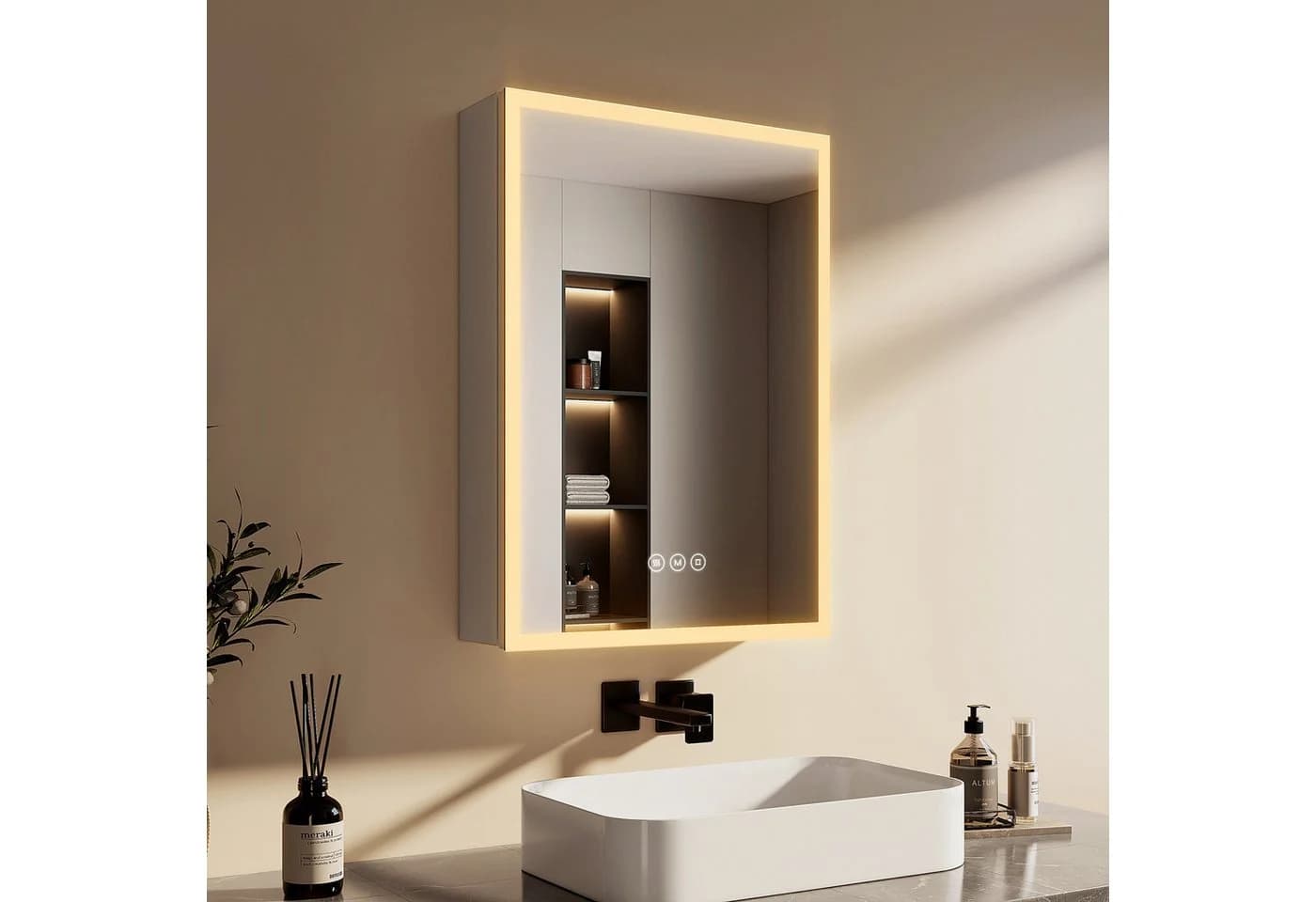 EMKE Spiegelschrank mit LED-Beleuchtung, Touch-Schalter, 3 Lichtfarben, Doppelseitiger Spiegel - Bild 2