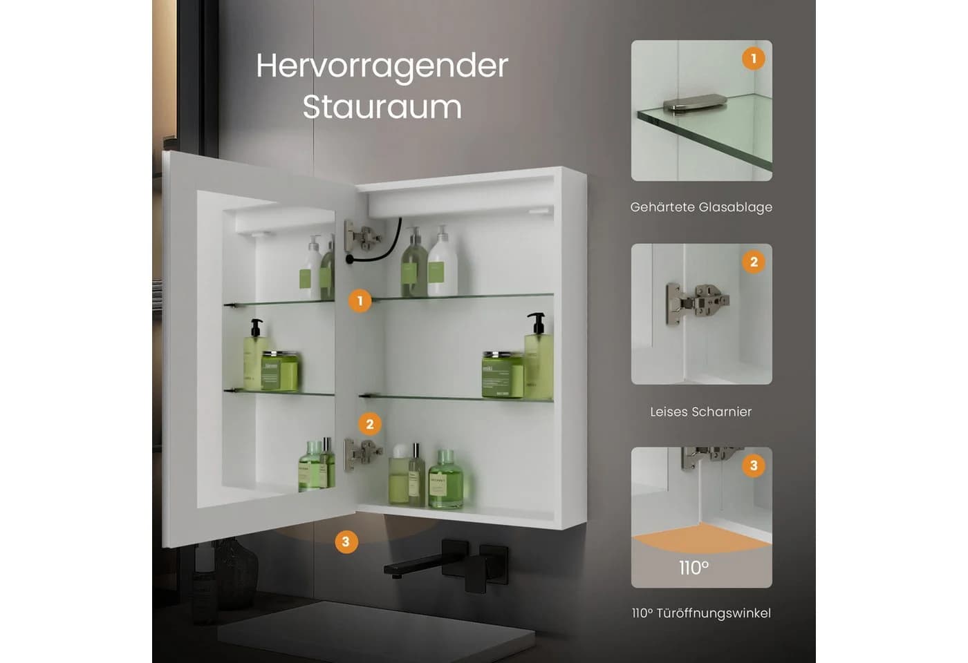 EMKE Spiegelschrank mit LED-Beleuchtung, Touch-Schalter, 3 Lichtfarben, Doppelseitiger Spiegel - Bild 5