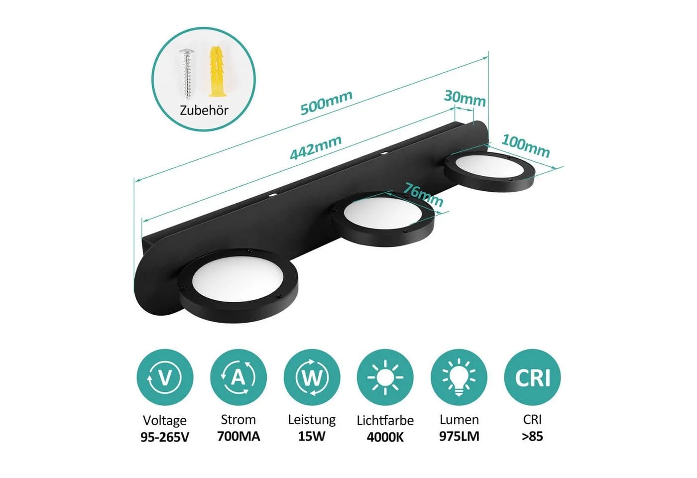EMKE LED Wandleuchte 3-flammig Schwarz Mattiert 4000K Neutralweiß - Bild 5