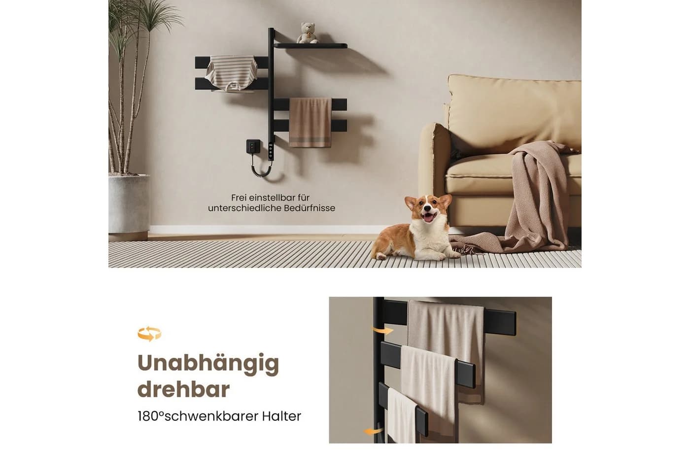 EMKE Elektrischer Handtuchwärmer mit Thermostat, WiFi & Sprachsteuerung, Schwarz