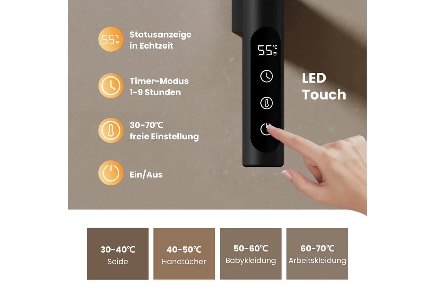 EMKE Elektrischer Handtuchwärmer mit Thermostat, WiFi & Sprachsteuerung, Schwarz - Bild 3