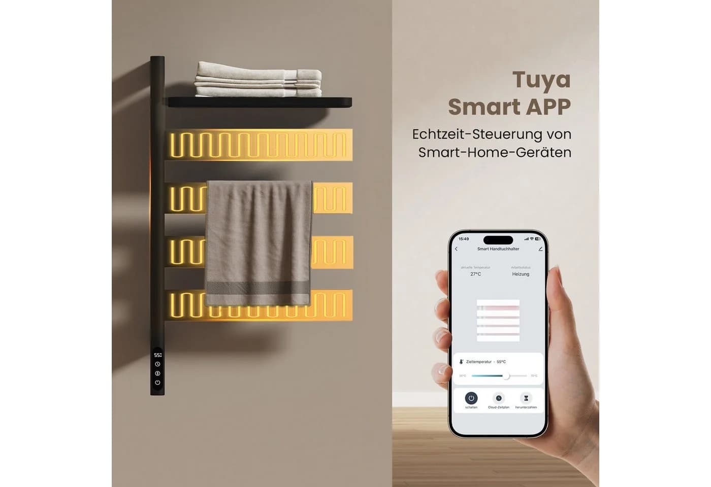 EMKE Elektrischer Handtuchwärmer mit Thermostat, WiFi & Sprachsteuerung, Schwarz - Bild 5