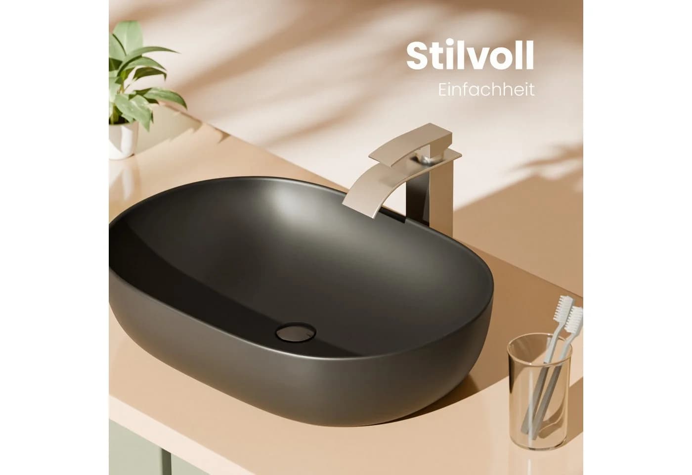 EMKE Aufsatzwaschbecken Oval Keramik Weiß/Schwarz Pflegeleicht - Bild 3