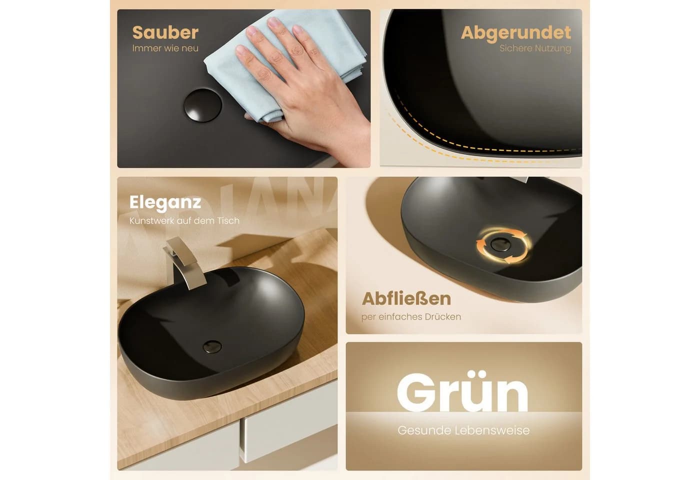 EMKE Aufsatzwaschbecken Oval Keramik Weiß/Schwarz Pflegeleicht - Bild 5