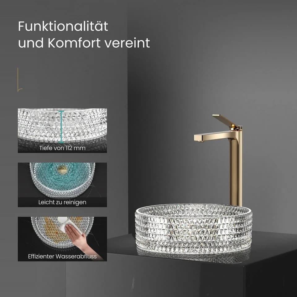 EMKE Ovales Aufsatzwaschbecken aus gehärtetem Glas, Modern, Transparent/Weiß - Bild 4