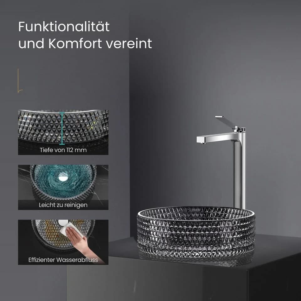 EMKE Aufsatzwaschbecken Oval 36 cm gehärtetes Glas - Bild 4