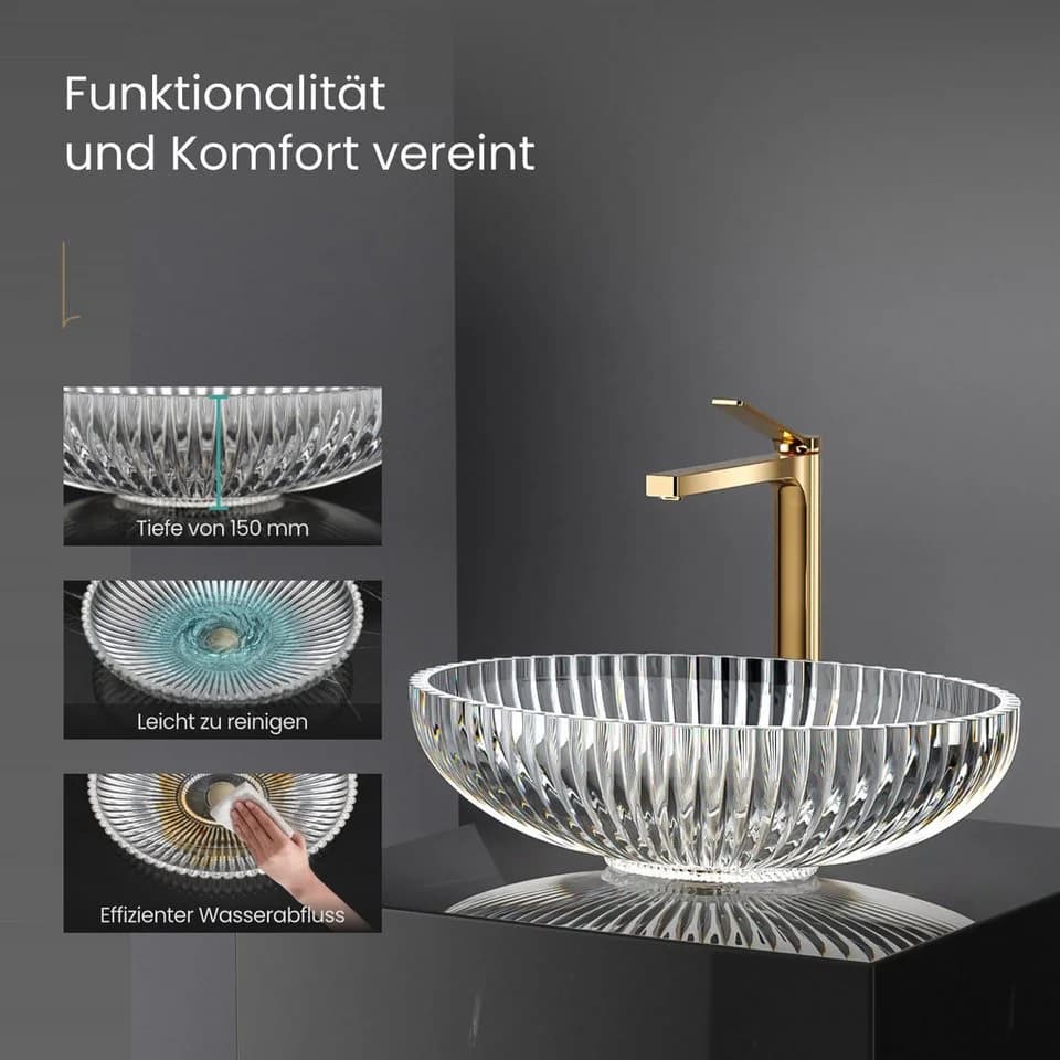 EMKE Aufsatzwaschbecken Oval Gehärtetes Glas Transparent/Schwarz - Bild 4