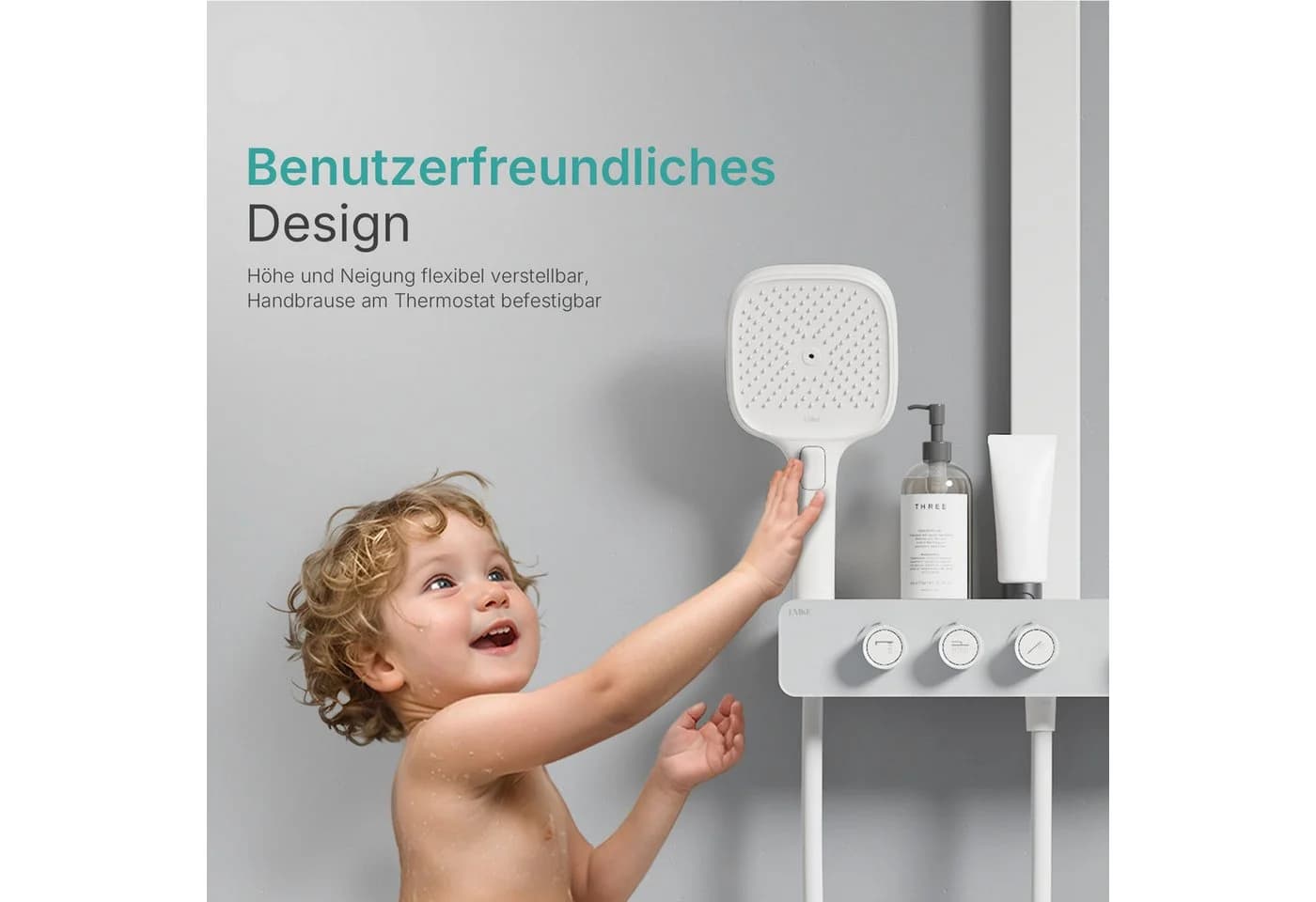 EMKE Duschsystem mit Thermostat, Regendusche und Handbrause Schwarz/Silber