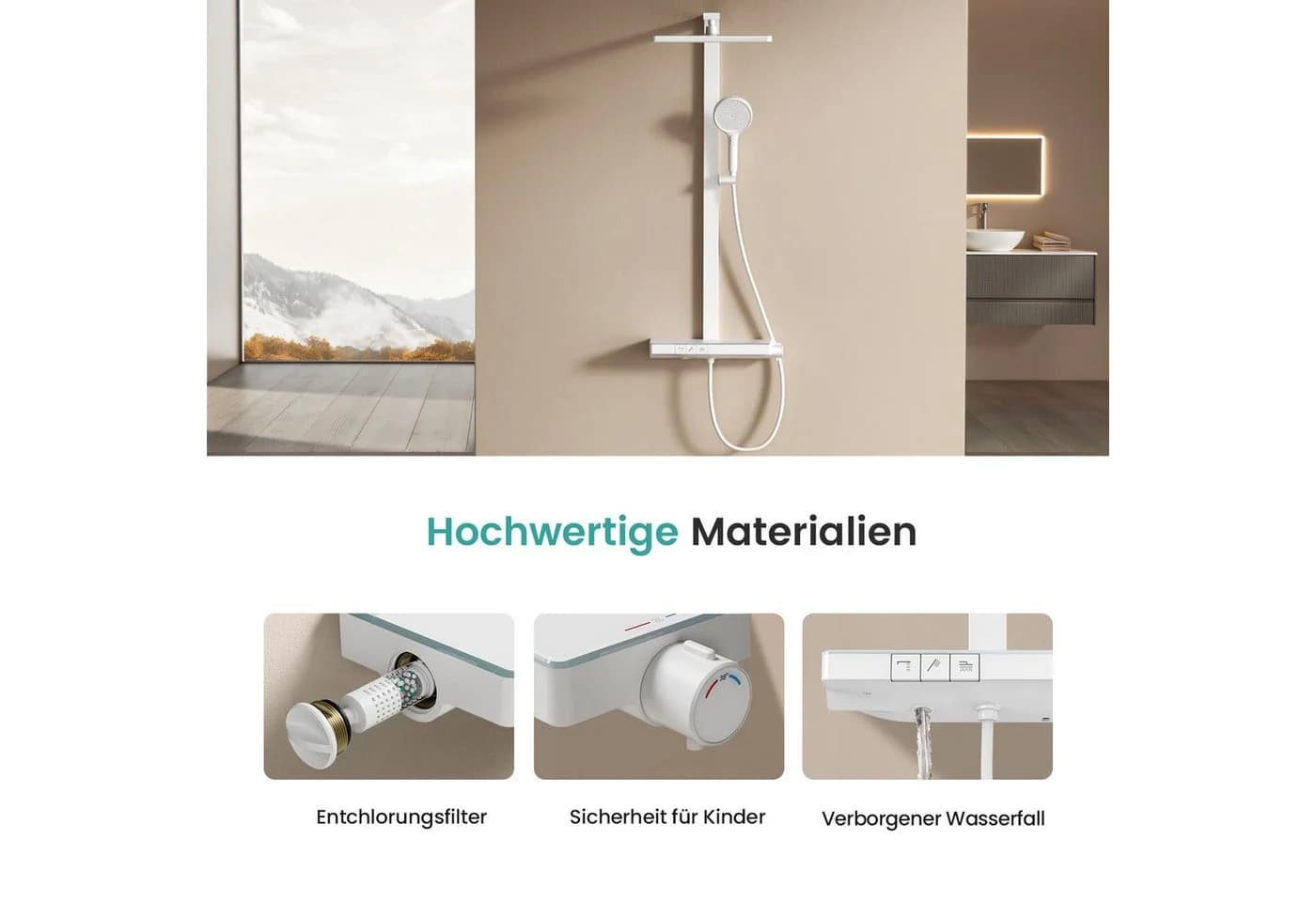 EMKE Duschsystem mit Thermostat, 4 Strahlarten, Regendusche 36x24cm, Glasablage - Bild 5