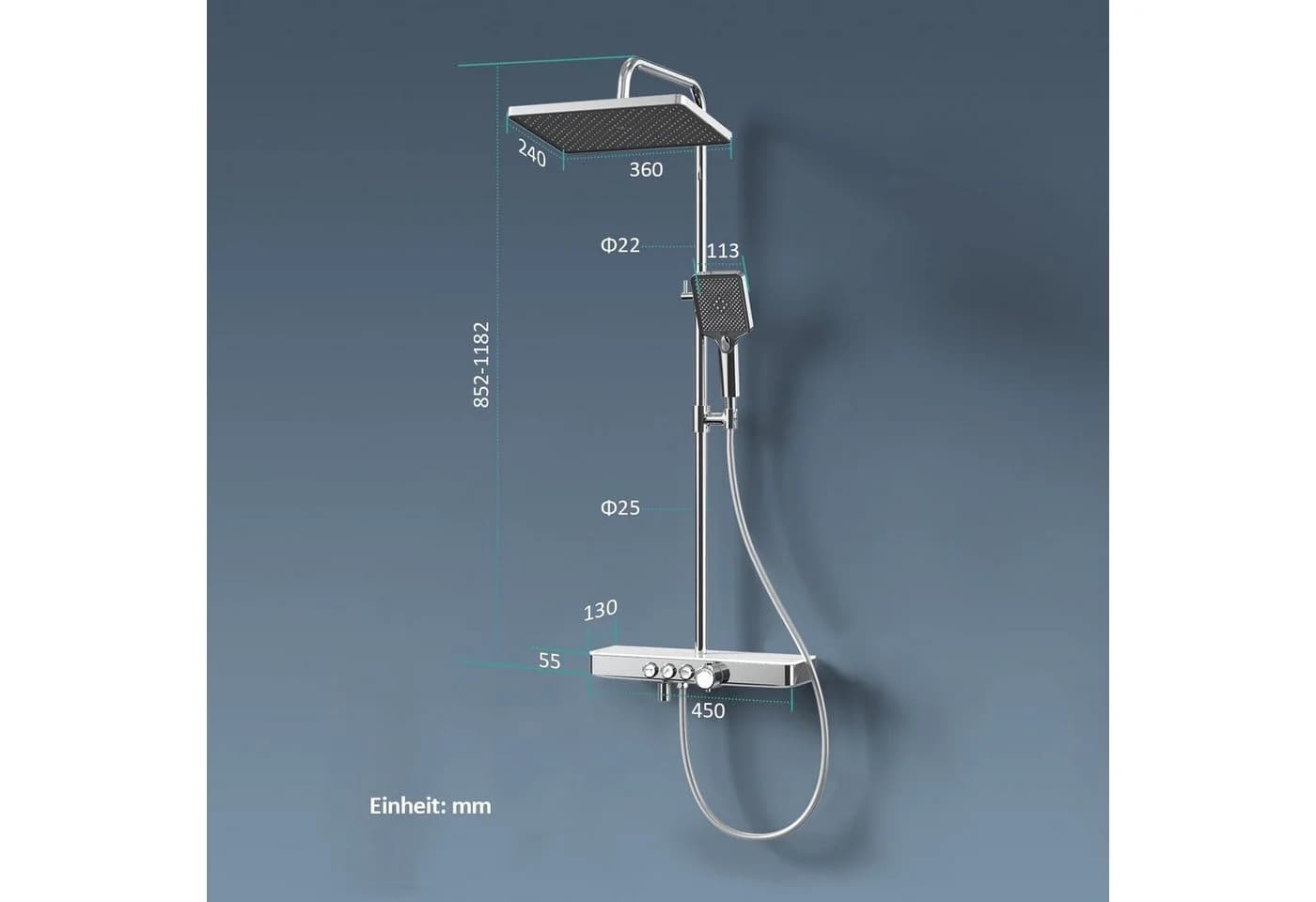 EMKE Duschsystem mit Thermostat Regendusche Komplettset mit Thermostat und Duscharmatur, Höhe 85 cm, 3 Strahlarten, mit Ablage und Kopfbrause, Farbe: Anthrazit Matt/Chrom/Weiß