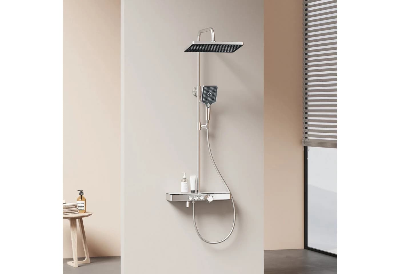 EMKE Duschsystem mit Thermostat Regendusche Komplettset mit Thermostat und Duscharmatur, Höhe 85 cm, 3 Strahlarten, mit Ablage und Kopfbrause, Farbe: Anthrazit Matt/Chrom/Weiß - Bild 2