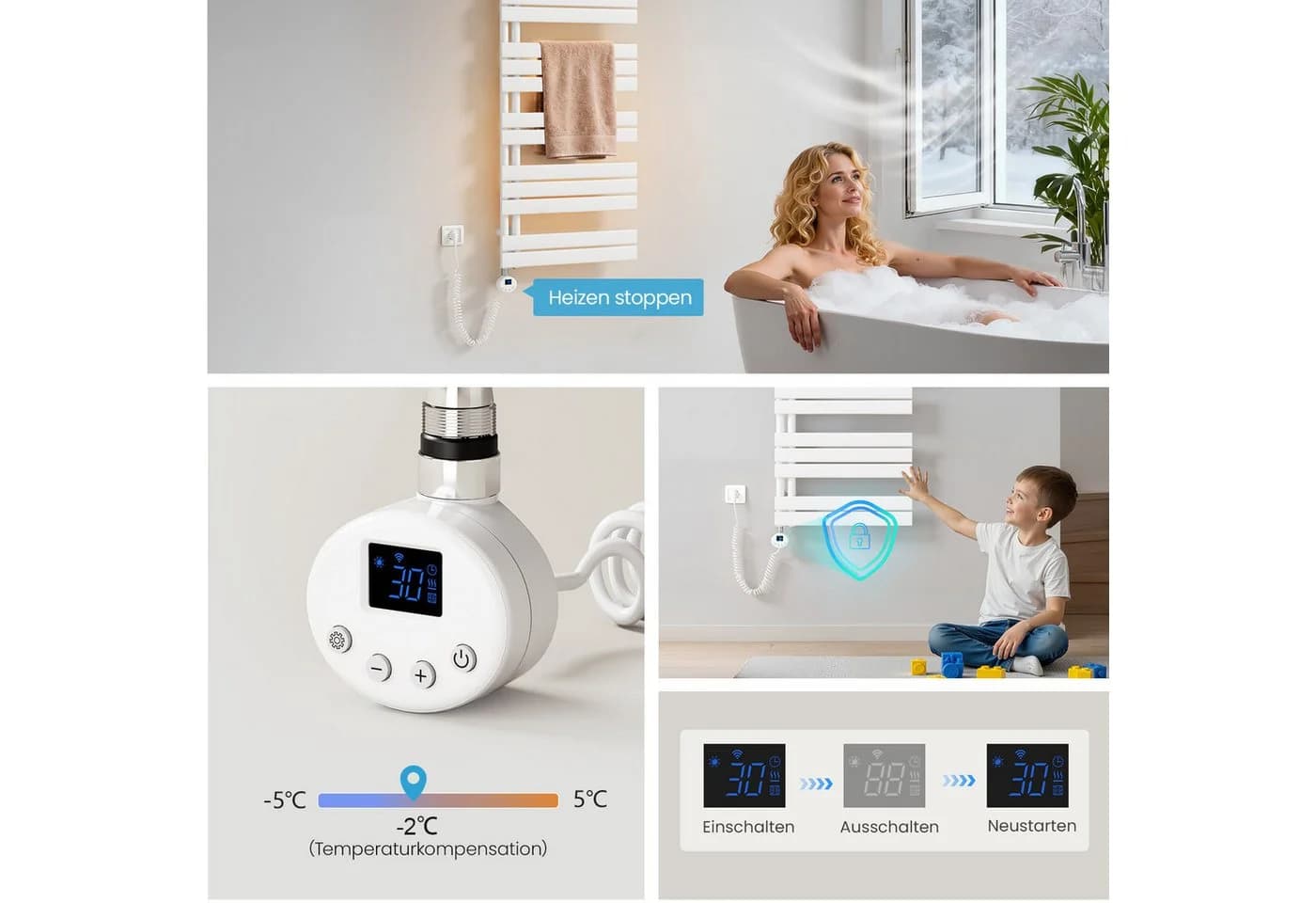 Heilmetz Elektrischer Badheizkörper 117,6 x 40 cm 600W WLAN Weiß - Bild 4