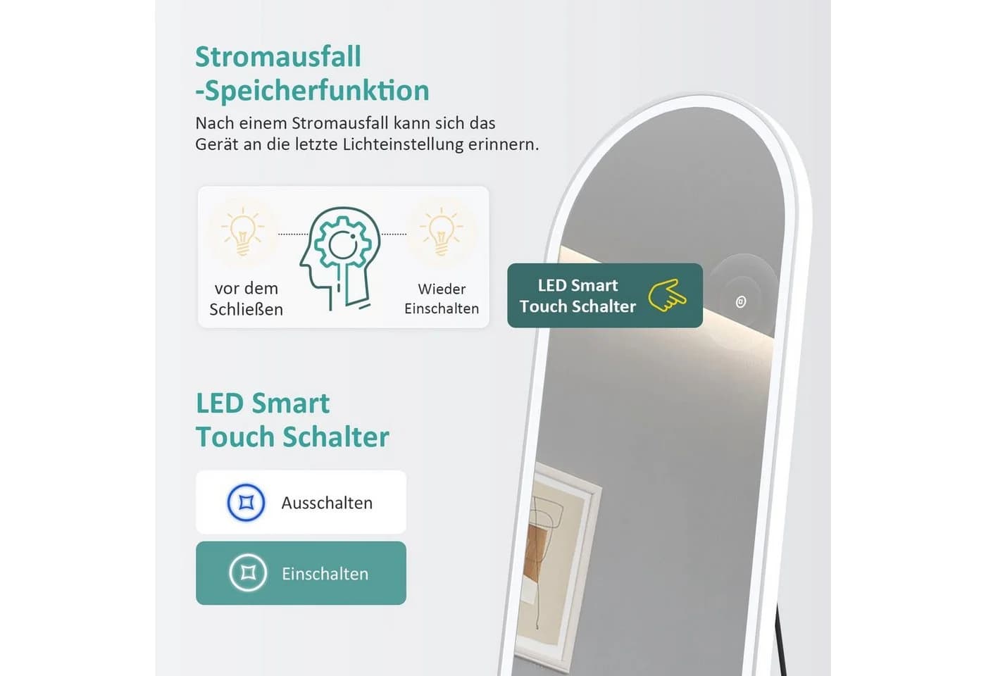 EMKE Standspiegel Bogen mit Beleuchtung Weiß Aluminium