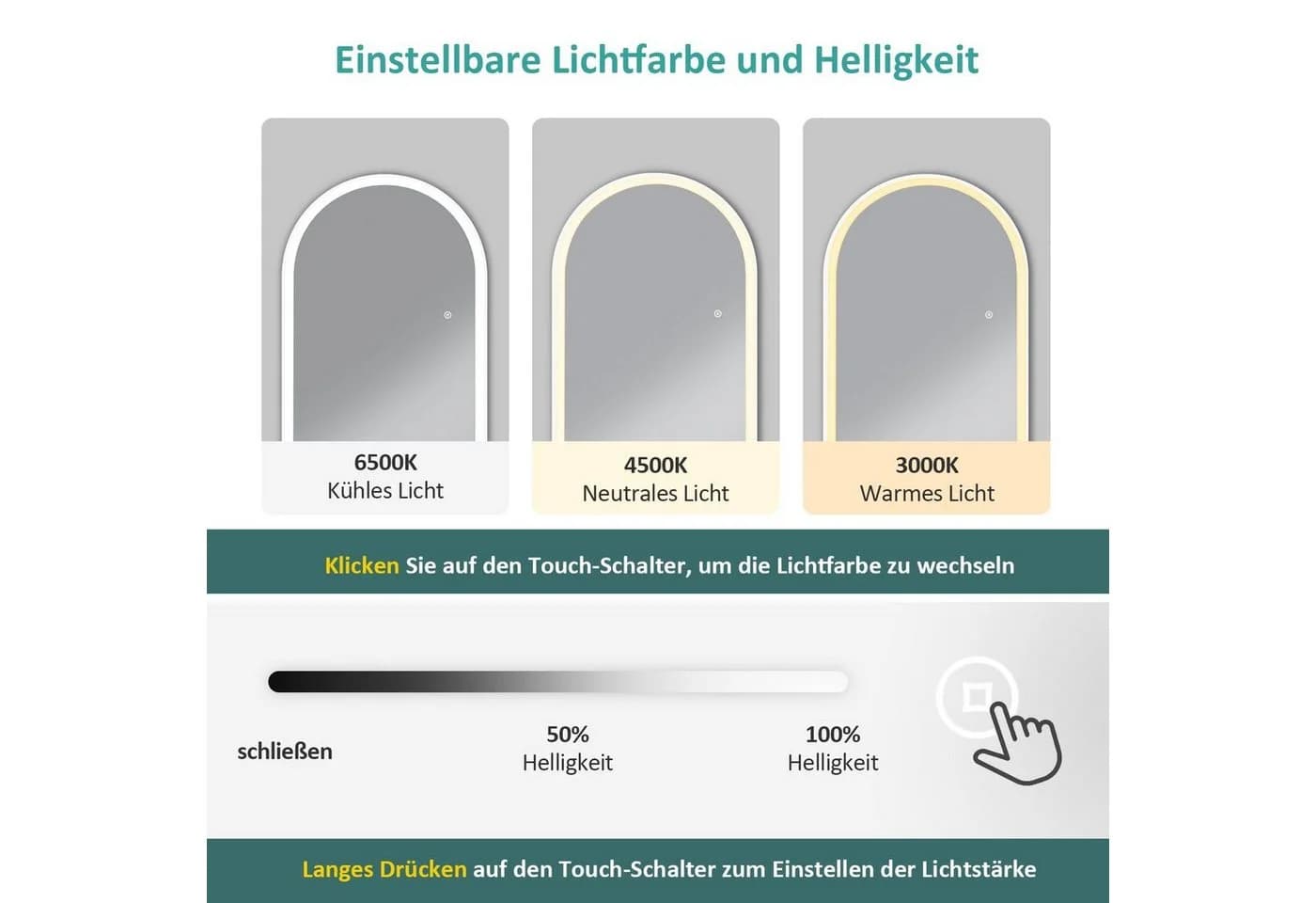 EMKE Standspiegel Bogen mit Beleuchtung Weiß Aluminium - Bild 3