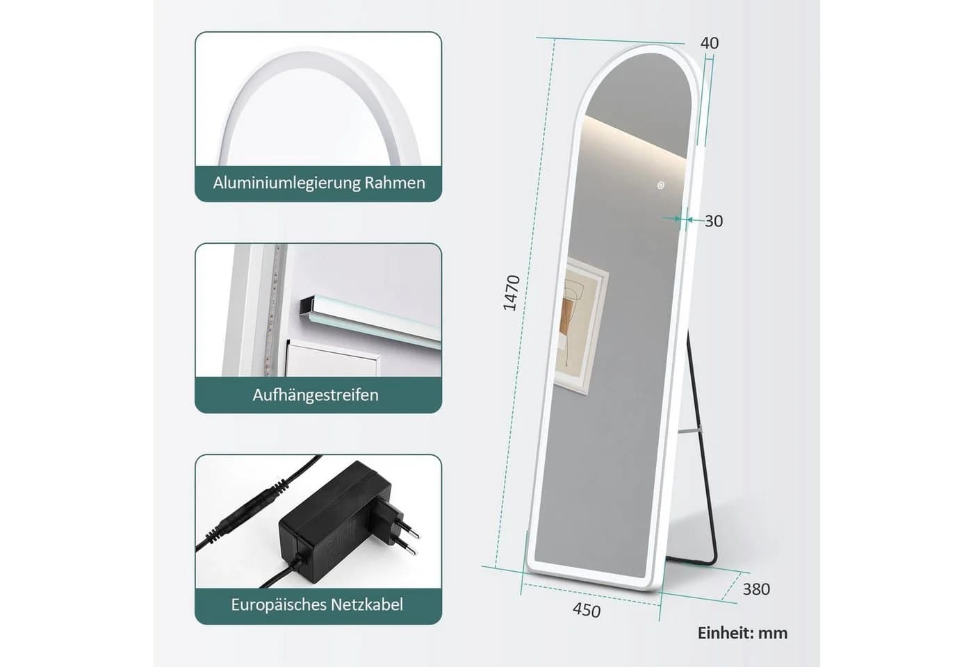EMKE Standspiegel Bogen mit Beleuchtung Weiß Aluminium - Bild 5