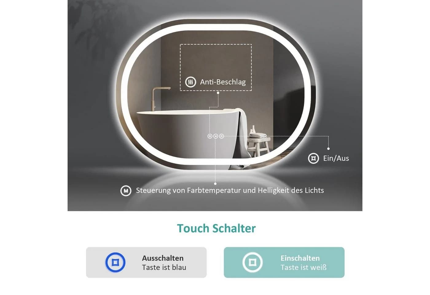 EMKE Badspiegel LED dimmbar Antibeschlag Touchschalter