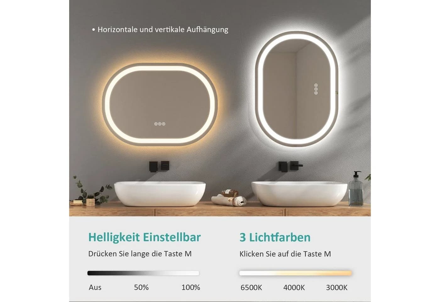 EMKE Badspiegel LED dimmbar Antibeschlag Touchschalter - Bild 3