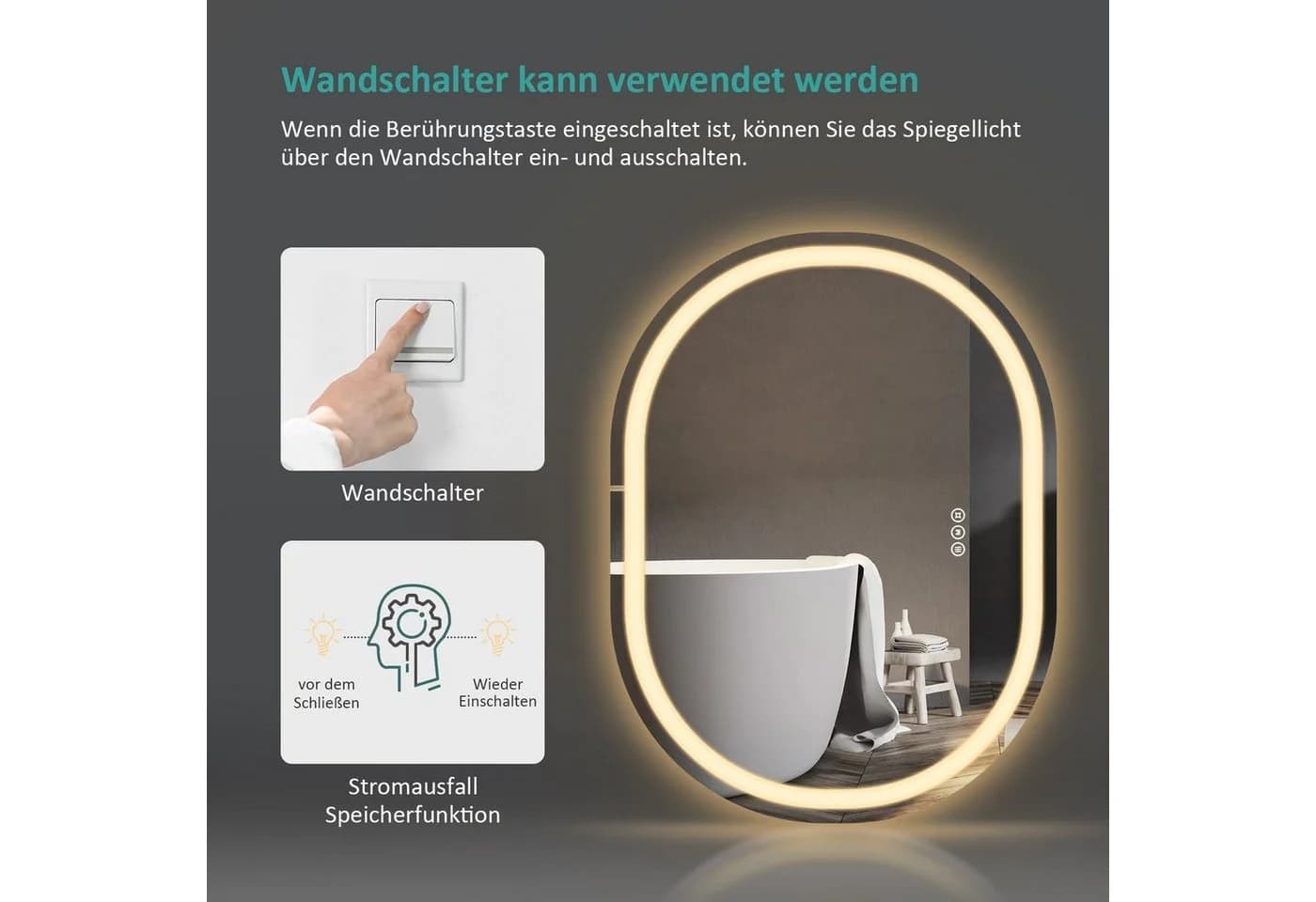 EMKE Badspiegel LED dimmbar Antibeschlag Touchschalter - Bild 5
