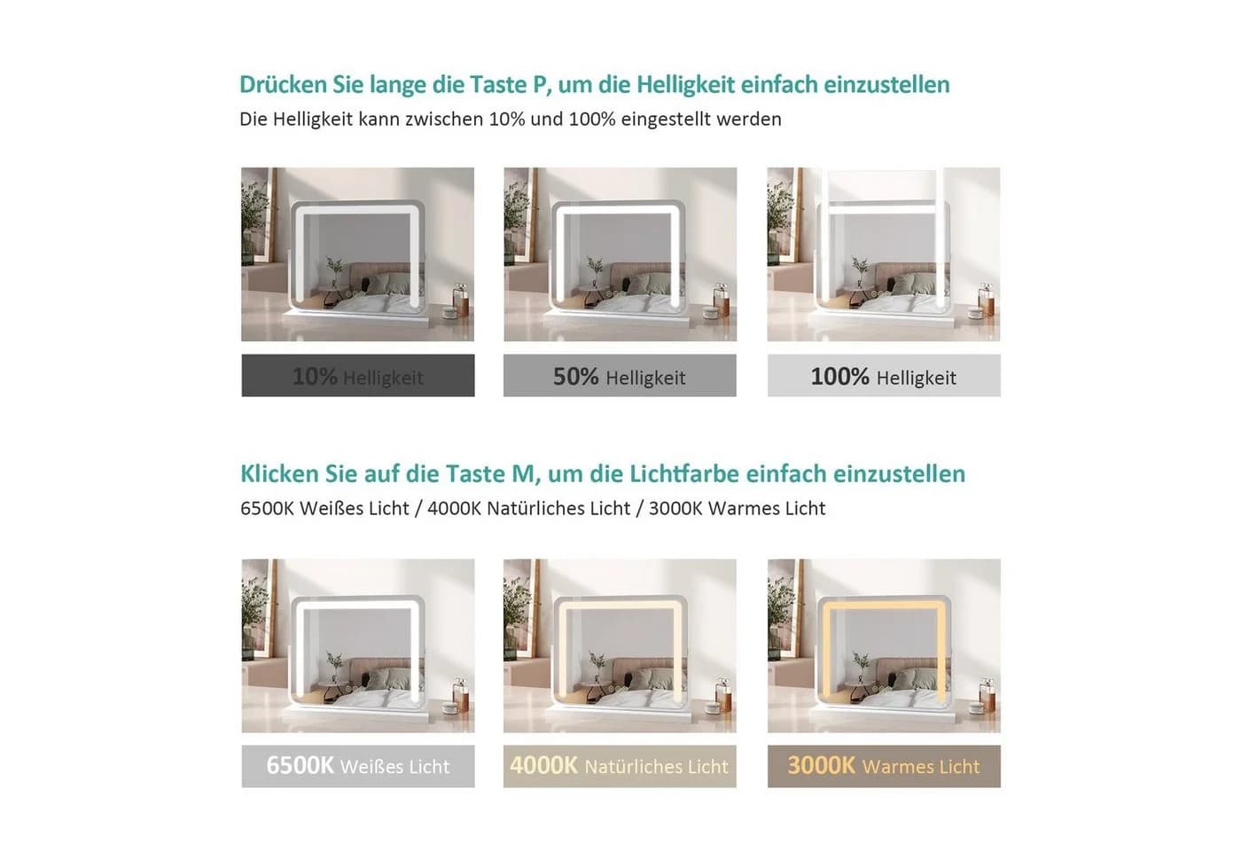 EMKE Kosmetikspiegel LED mit Beleuchtung, Touch, 3 Farben, Weiß/Schwarz - Bild 3
