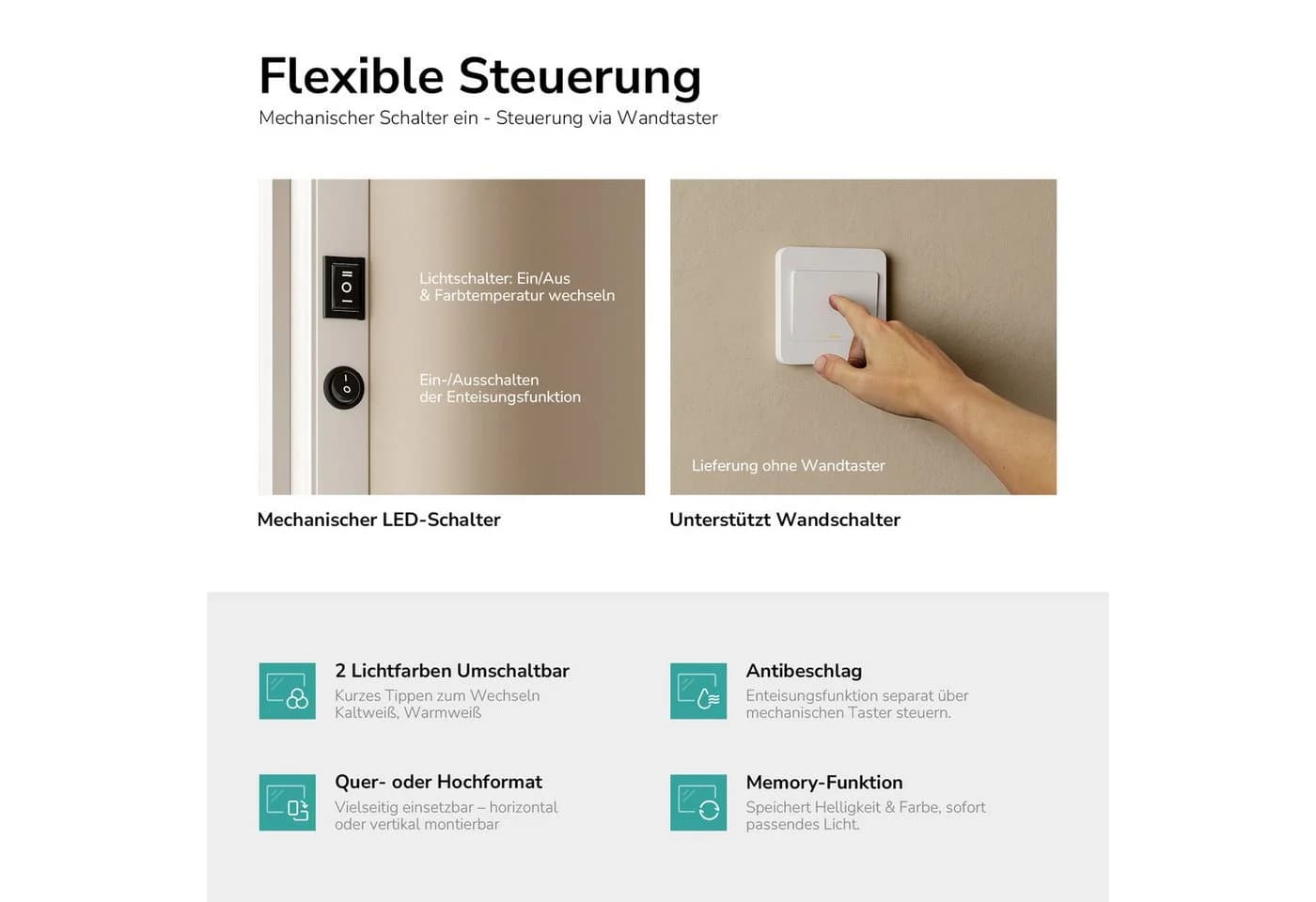 EMKE LED Badspiegel mit Touch-Schalter und Anti-Beschlag IP44 - Bild 4