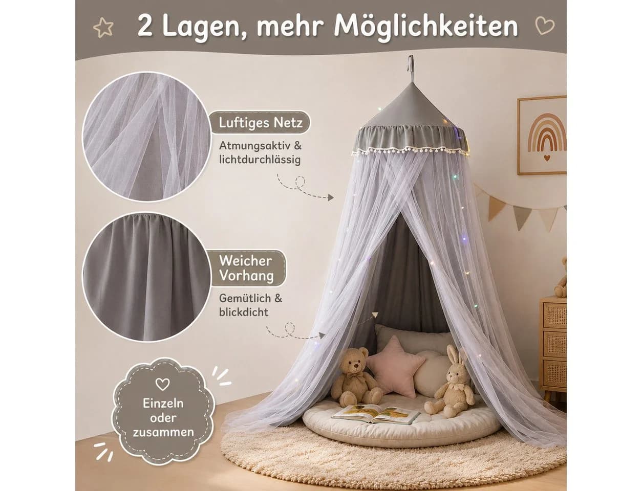 LMaxhome Himmelbett Betthimmel mit Moskitonetz grau - Bild 3
