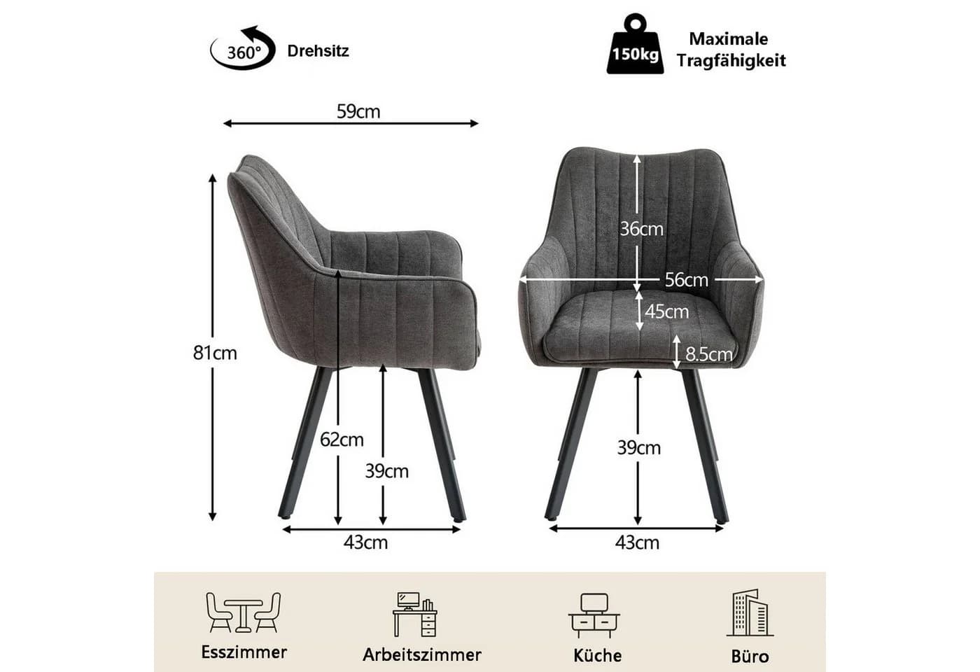 GrandCA HOME Esszimmerstuhl 4er-Set Leinen 360° Drehfunktion Gepolstert - Bild 4