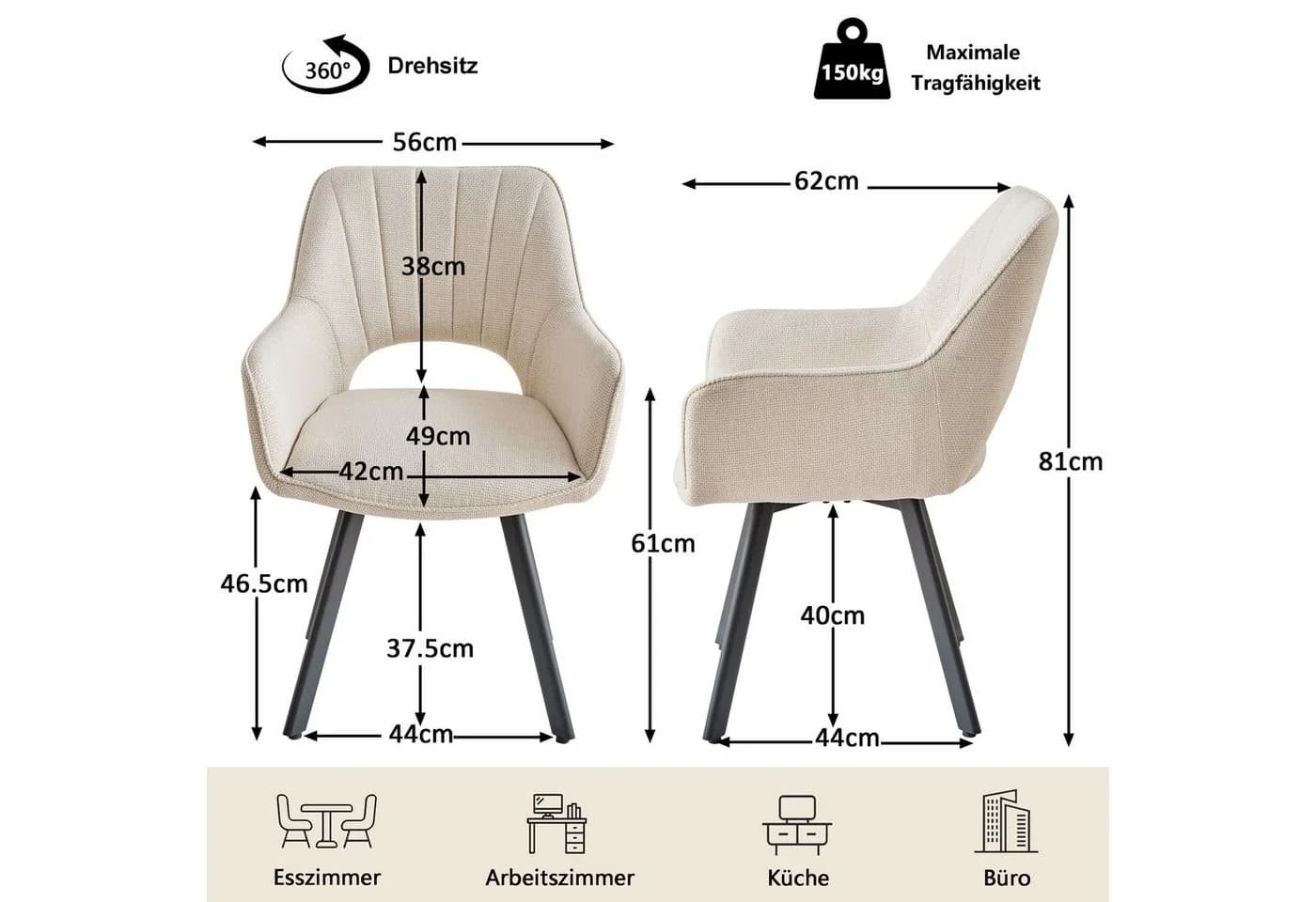 GrandCA HOME Esszimmerstuhl Nordisch Leinen Drehbar Beige (4er Set) - Bild 4