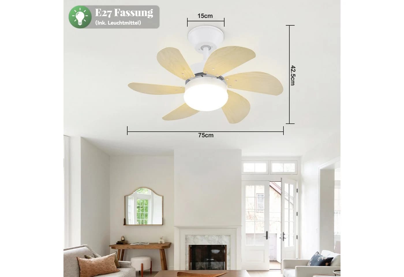 ZMH Deckenventilator mit Licht und Fernbedienung, 75 cm, Braun