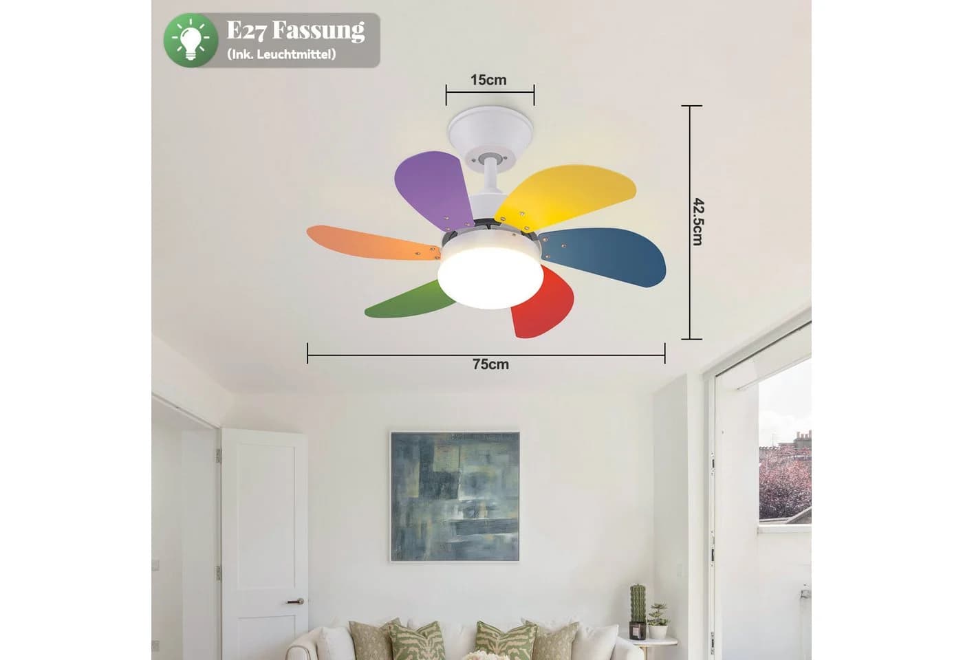 ZMH Deckenventilator mit Licht und Fernbedienung, 75 cm, 6 Flügel, Timer