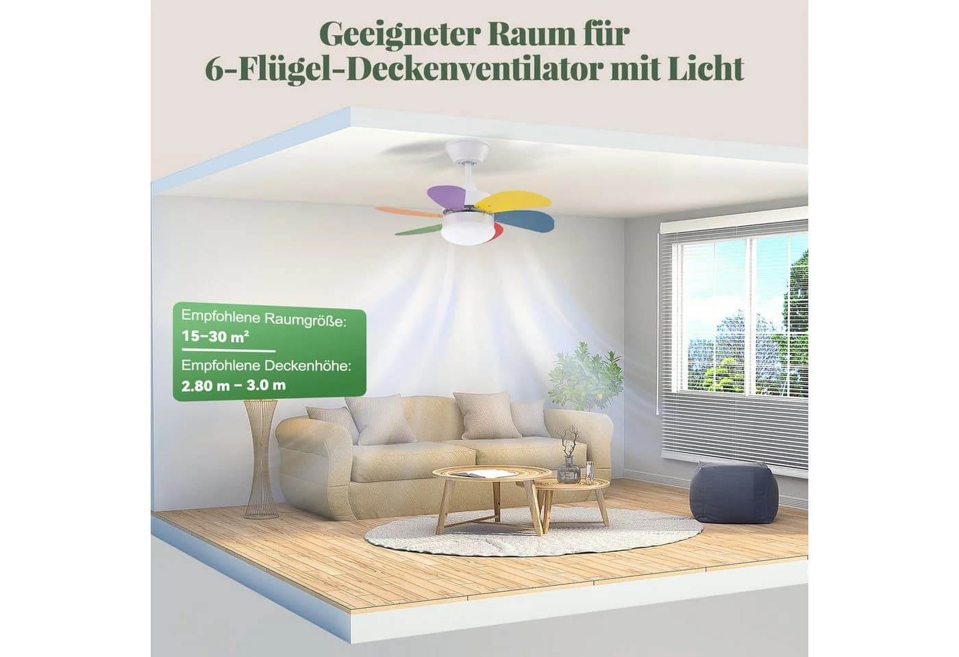ZMH Deckenventilator mit Licht und Fernbedienung, 75 cm, 6 Flügel, Timer - Bild 5