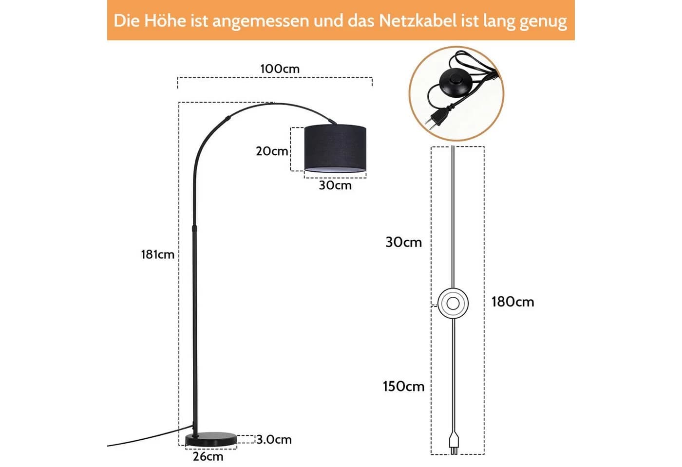 ZMH Stehlampe Bogenlampe Schwarz Eisenständer
