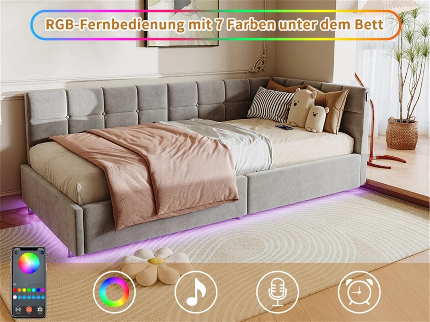 PXloue Polsterbett mit LED und USB-Ladeanschluss Grau - Bild 3