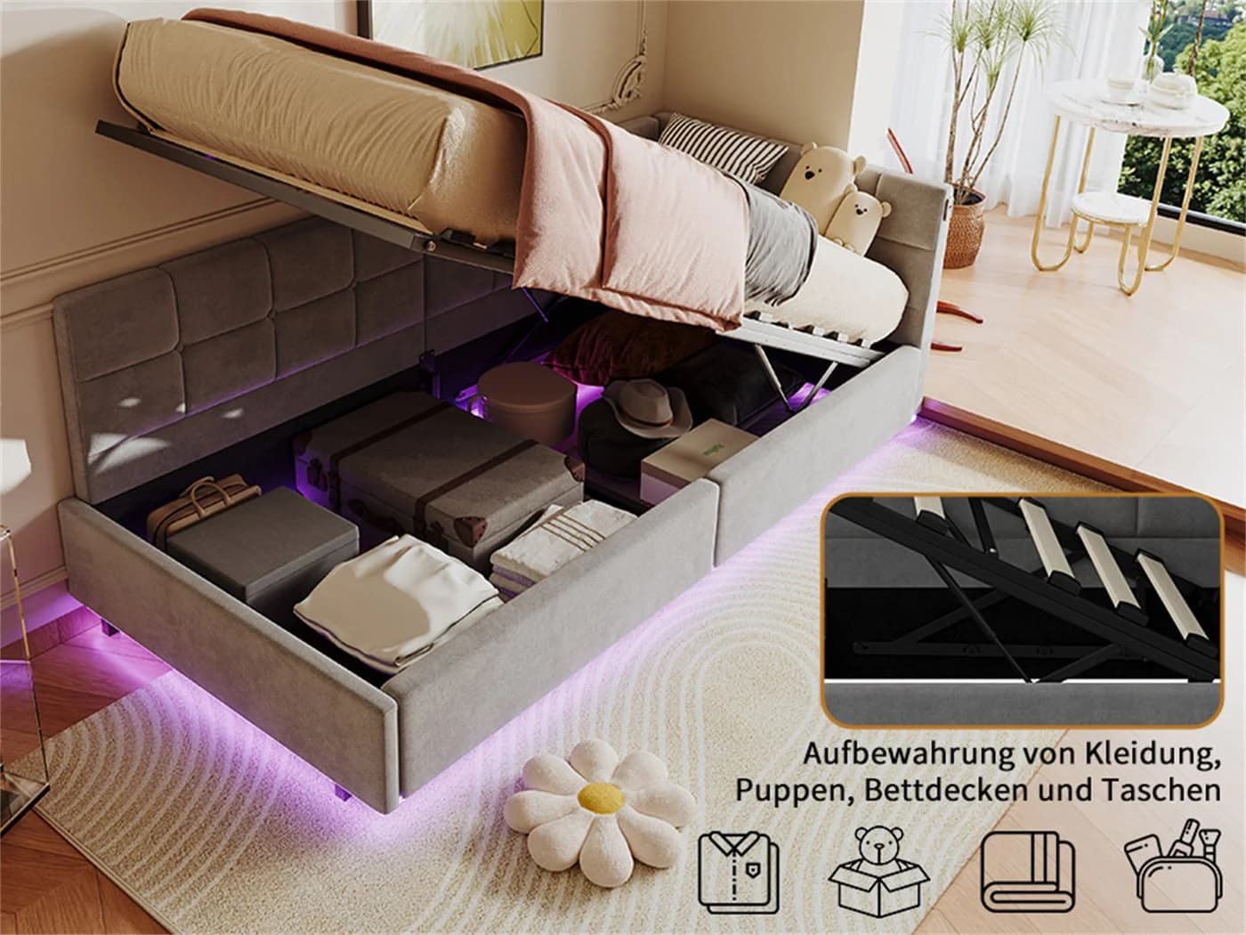 PXloue Polsterbett mit LED und USB-Ladeanschluss Grau - Bild 4