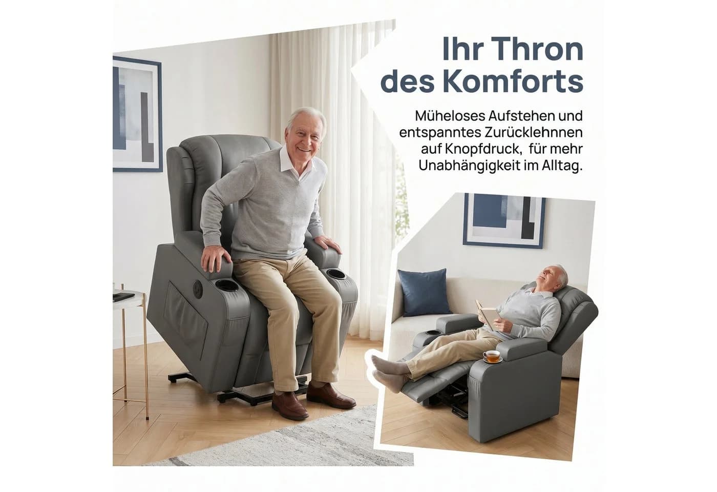 PXloue Massagesessel Grau Elektrisch mit Massage, Wärme & Aufstehhilfe