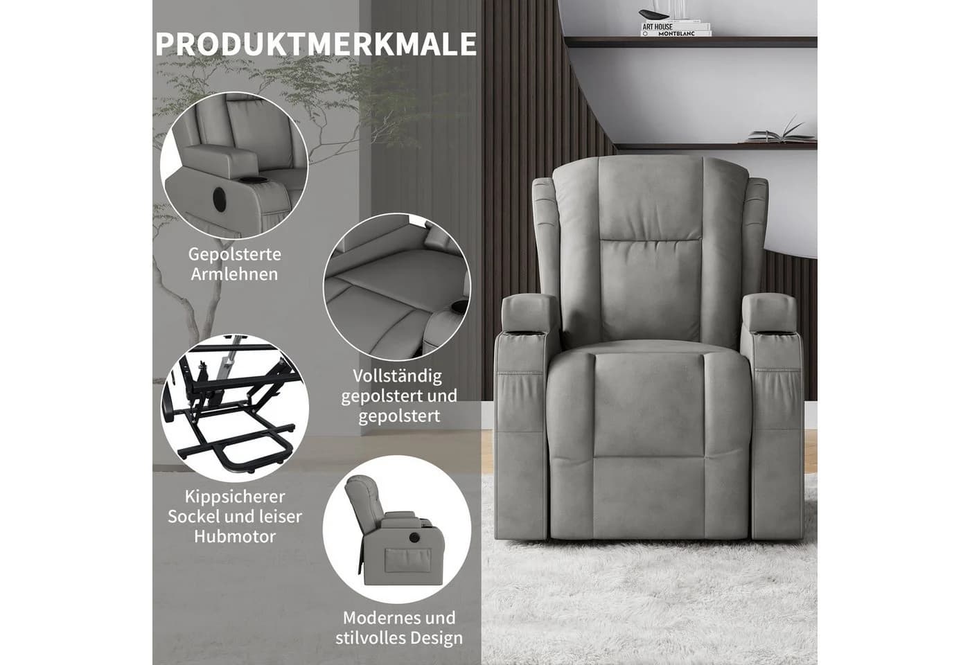 PXloue Massagesessel Grau Elektrisch mit Massage, Wärme & Aufstehhilfe - Bild 5
