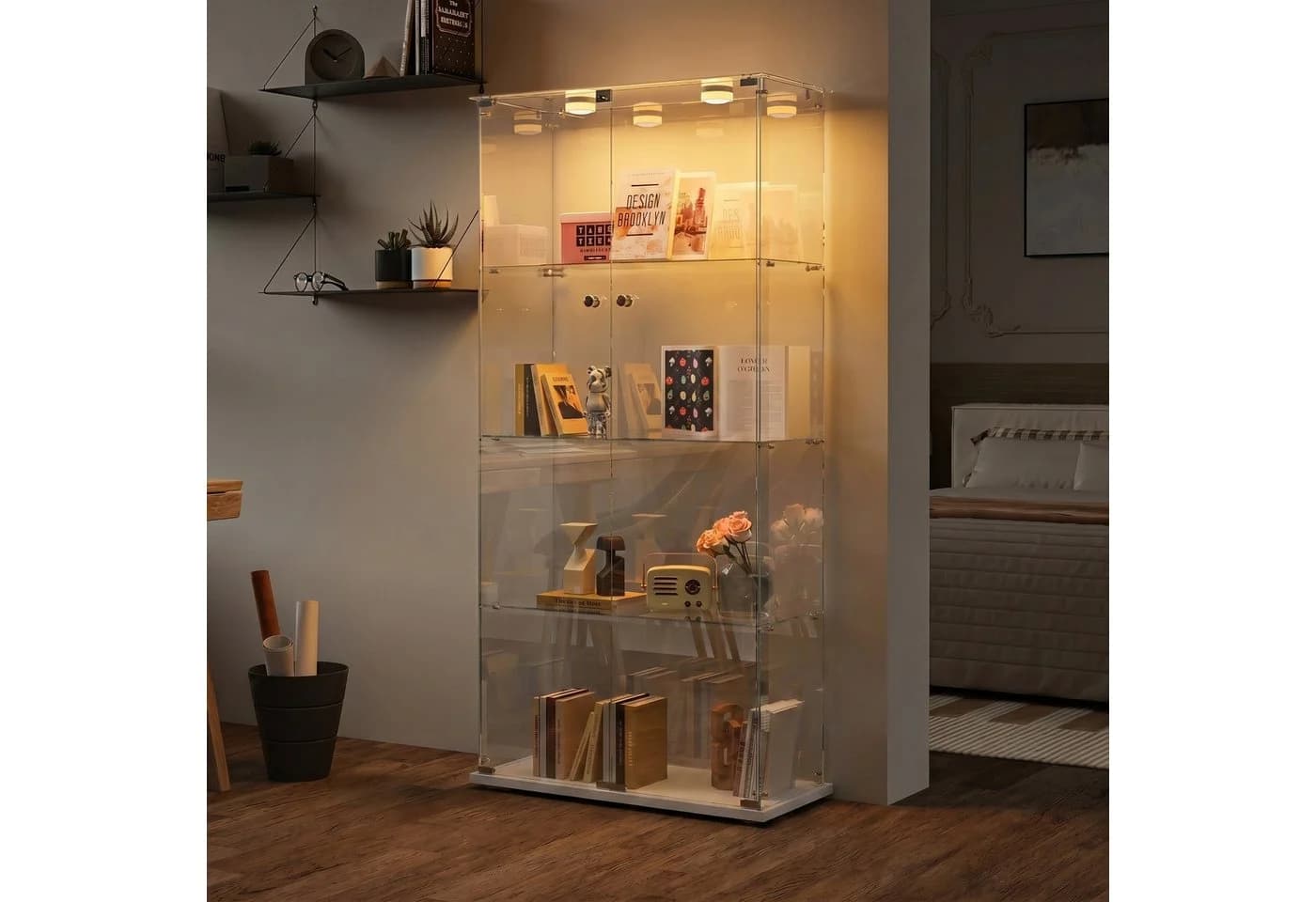 NMCXXO Glasvitrine Eckglasanzeigeschrank mit LED-Beleuchtung Weiß - Bild 2